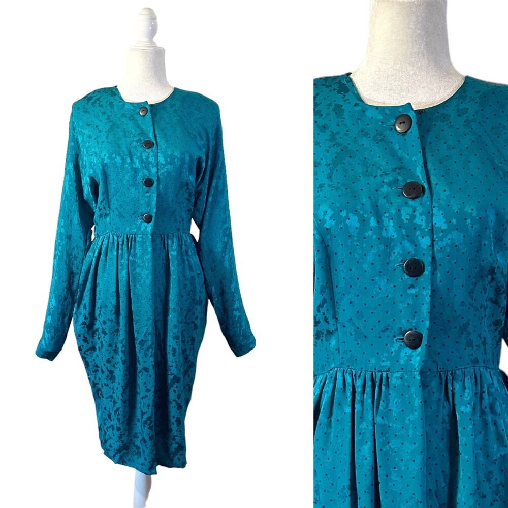 Vintage 80s Kathryn Conover Silk Polka Dot Dress Size 8 Secretary Teal